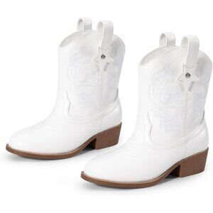 ⚡Girls White Cowgirl Boots With Low Heel Western Embroidered Fashion Mid Calf